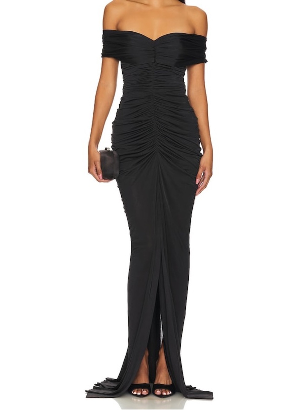 Yaura Tiara‎ Dress Black Ruched Off Shoulder Gown Formal Evening Red Carpet Maxi